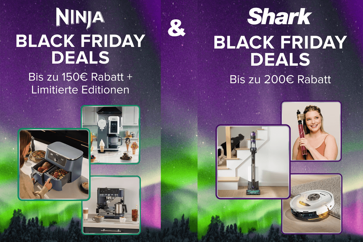Verschiedene Shark und Ninja Geräte wie Akkusauger, Luftreiniger, Haarstyler und Heißluftfritteusen sind zu den Black Weeks stark reduziert und mit Rabatt-Zeichen für ein herausragendes Angebot gekennzeichnet.